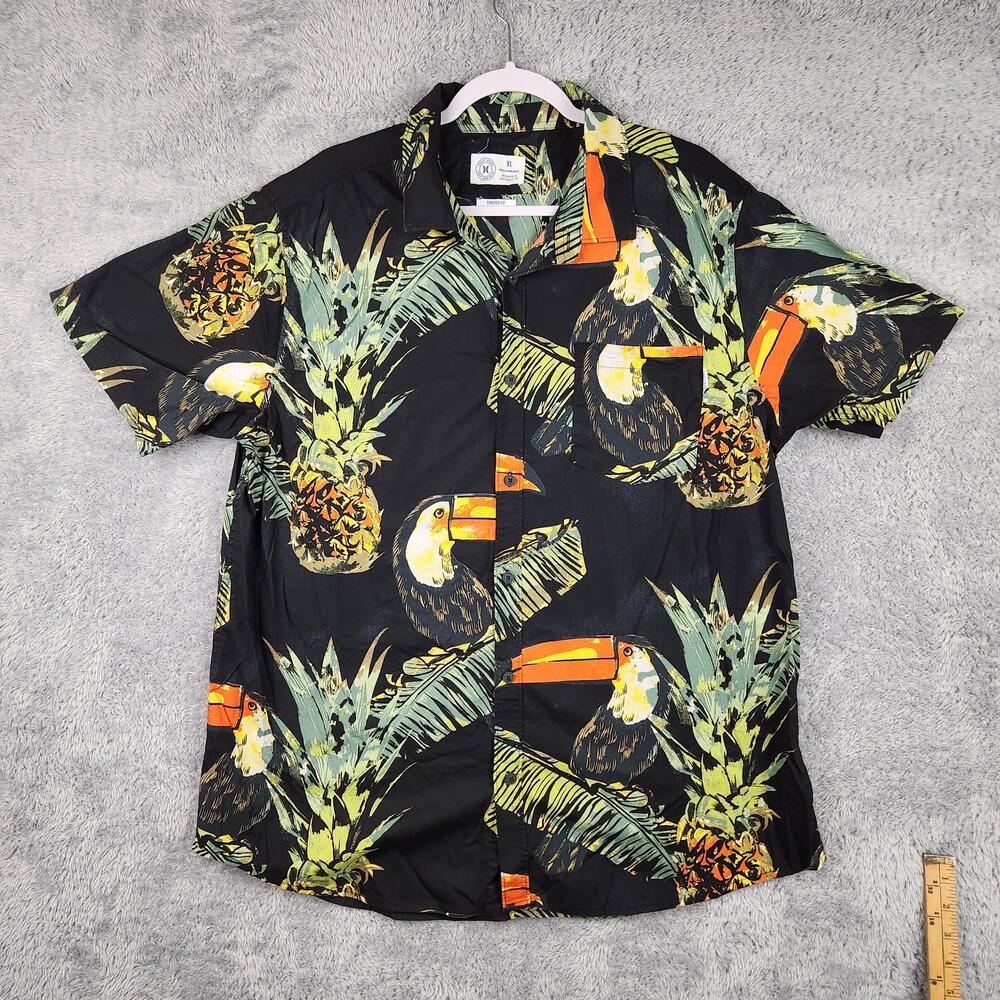 Hurley Shirt Mens XL Black Toucan Pineapple Hawaiian Button Stretch Beach Aloha